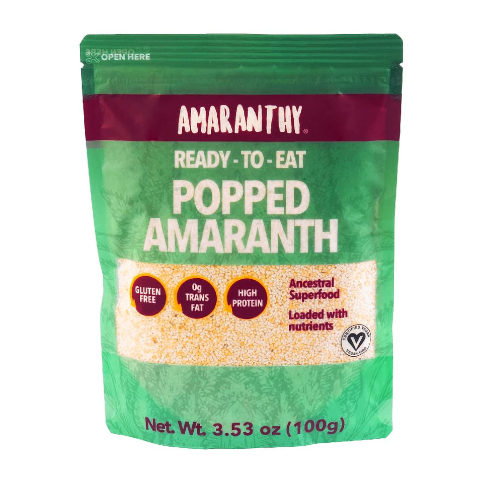 Amaranthy ready-to-eat popped amaranth bag front showing a high-protein snack option
