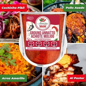 Achiote powder pouch from Amazing Chiles & Spices shows a deep golden hue.