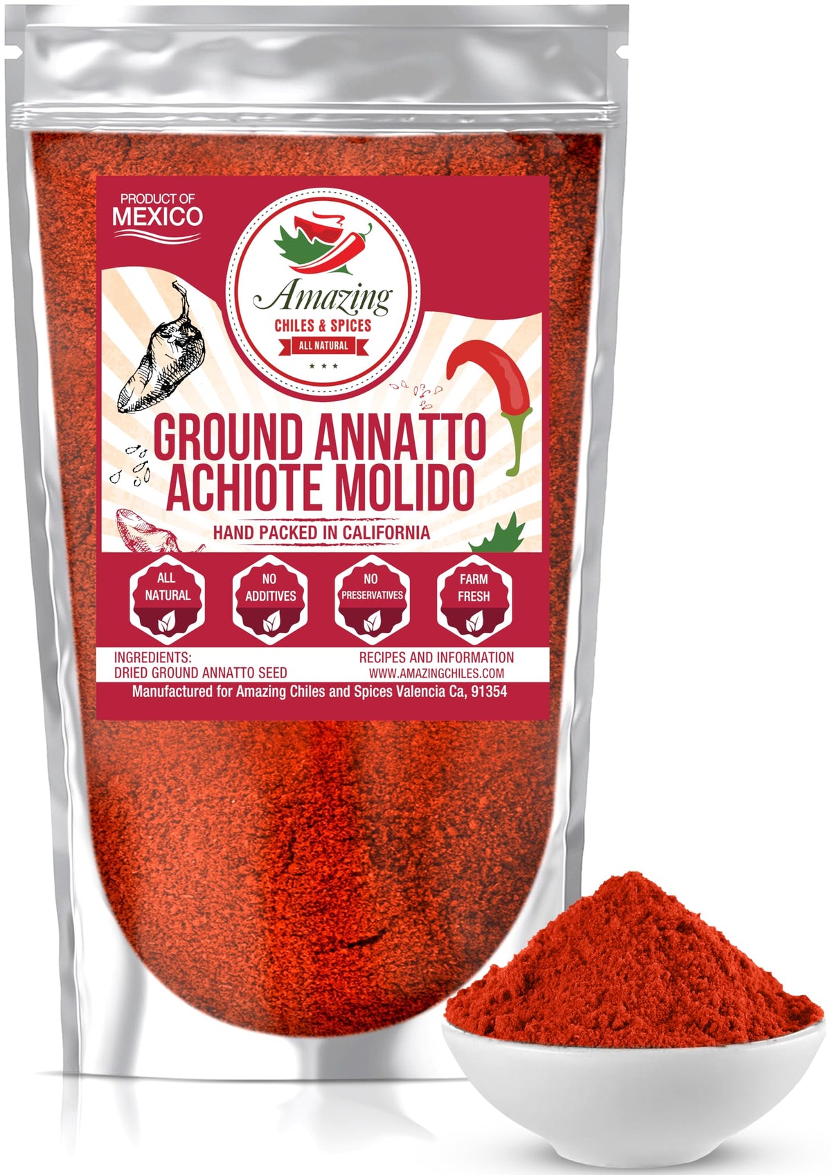 Amazing Chiles & Spices Achiote powder in a jar adds vibrant color.
