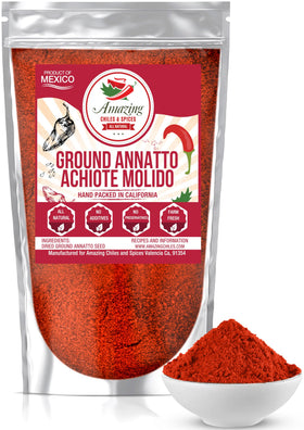 Amazing Chiles & Spices Achiote powder in a jar adds vibrant color.