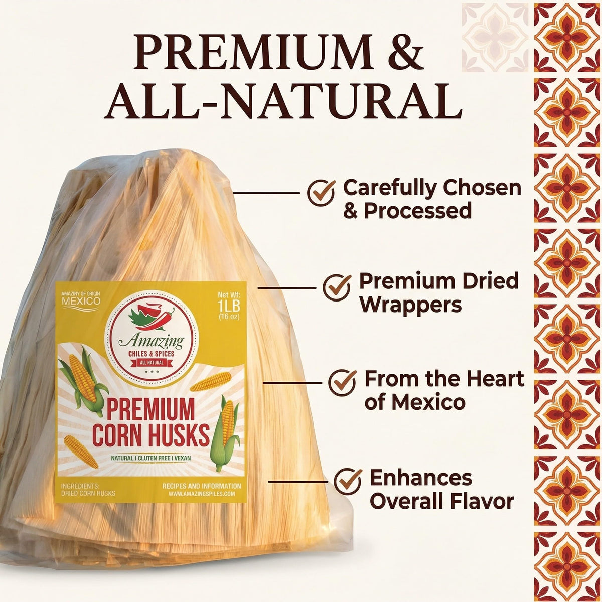 Amazing Chiles & Spices corn husks sourced from Mexico for authentic tamale flavor.