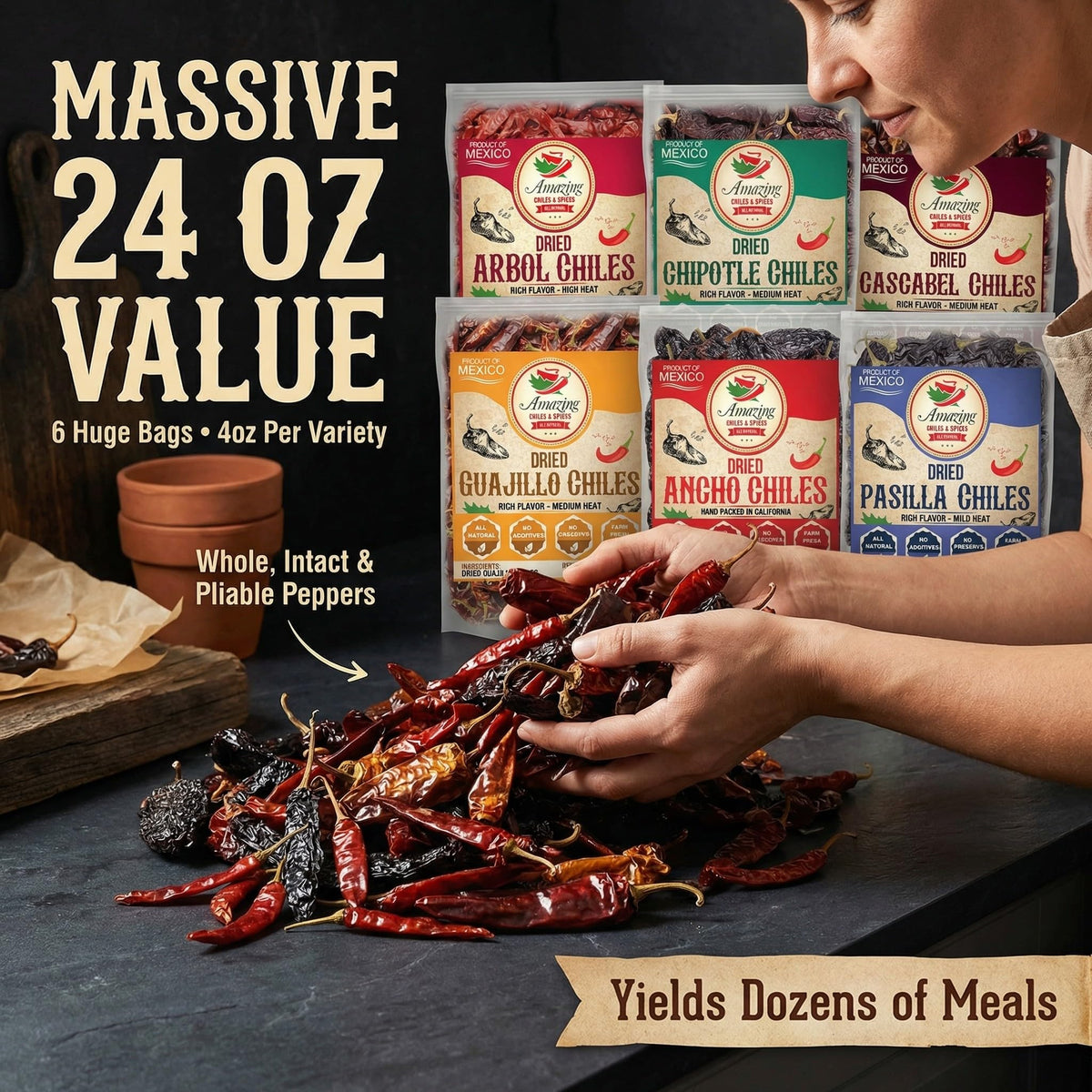 Amazing Chiles cascabel peppers provide earthy warmth for roasting.