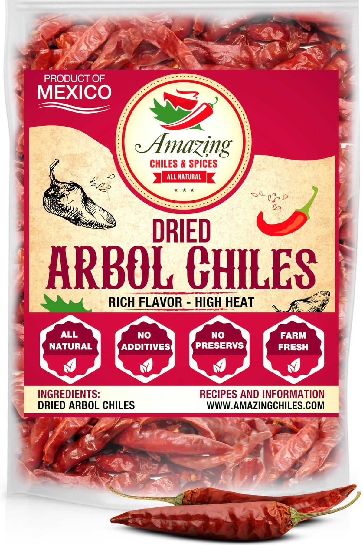 Amazing Chiles Chile De Arbol 1LB bag closeup showing whole peppers ready to spice meals.