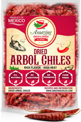 Amazing Chiles Chile De Arbol 1LB bag closeup showing whole peppers ready to spice meals.