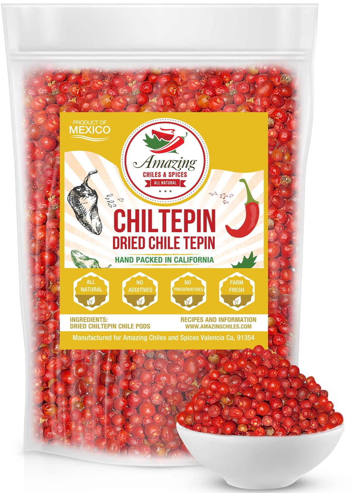 Amazing Chiles & Spices chiltepin in a 4oz bag, bold heat ready for recipes