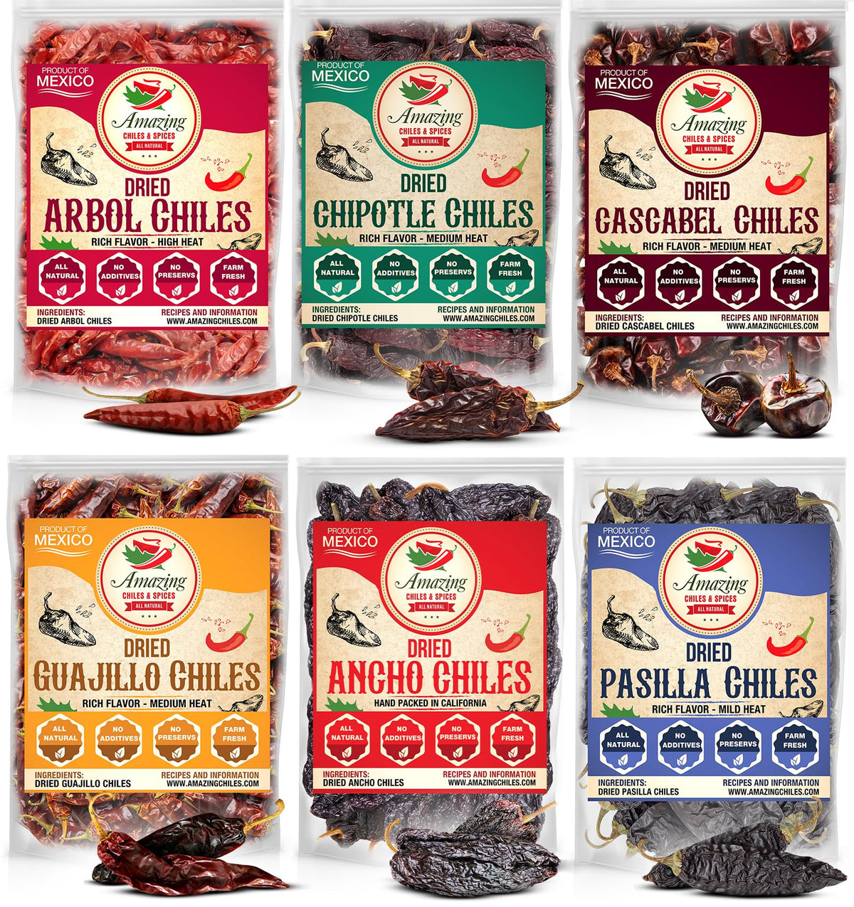 Amazing Chiles & Spices bundle image featuring six peppers for versatile cooking.