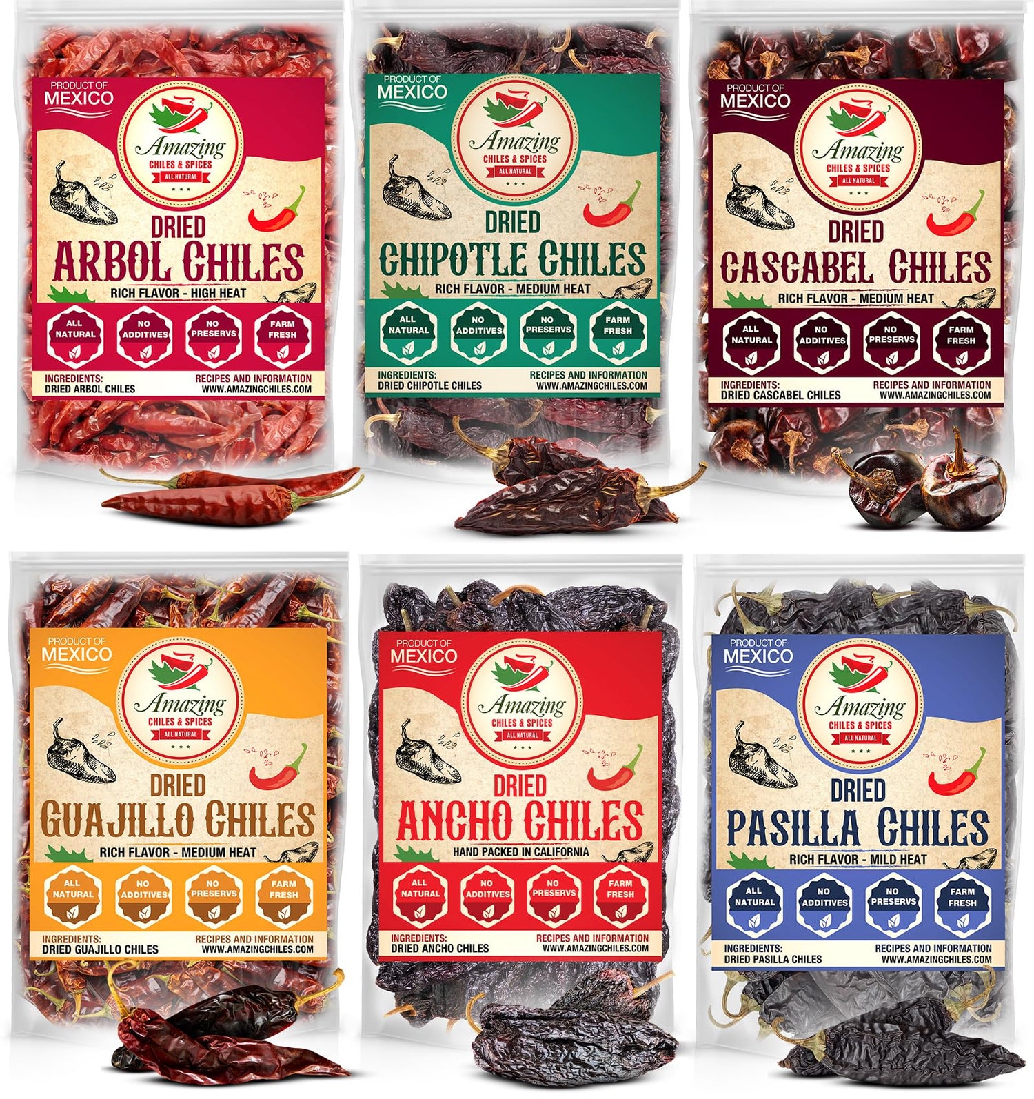 Amazing Chiles & Spices bundle image featuring six peppers for versatile cooking.