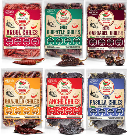 Amazing Chiles & Spices bundle image featuring six peppers for versatile cooking.