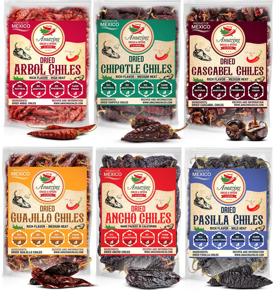 Amazing Chiles & Spices bundle image featuring six peppers for versatile cooking.
