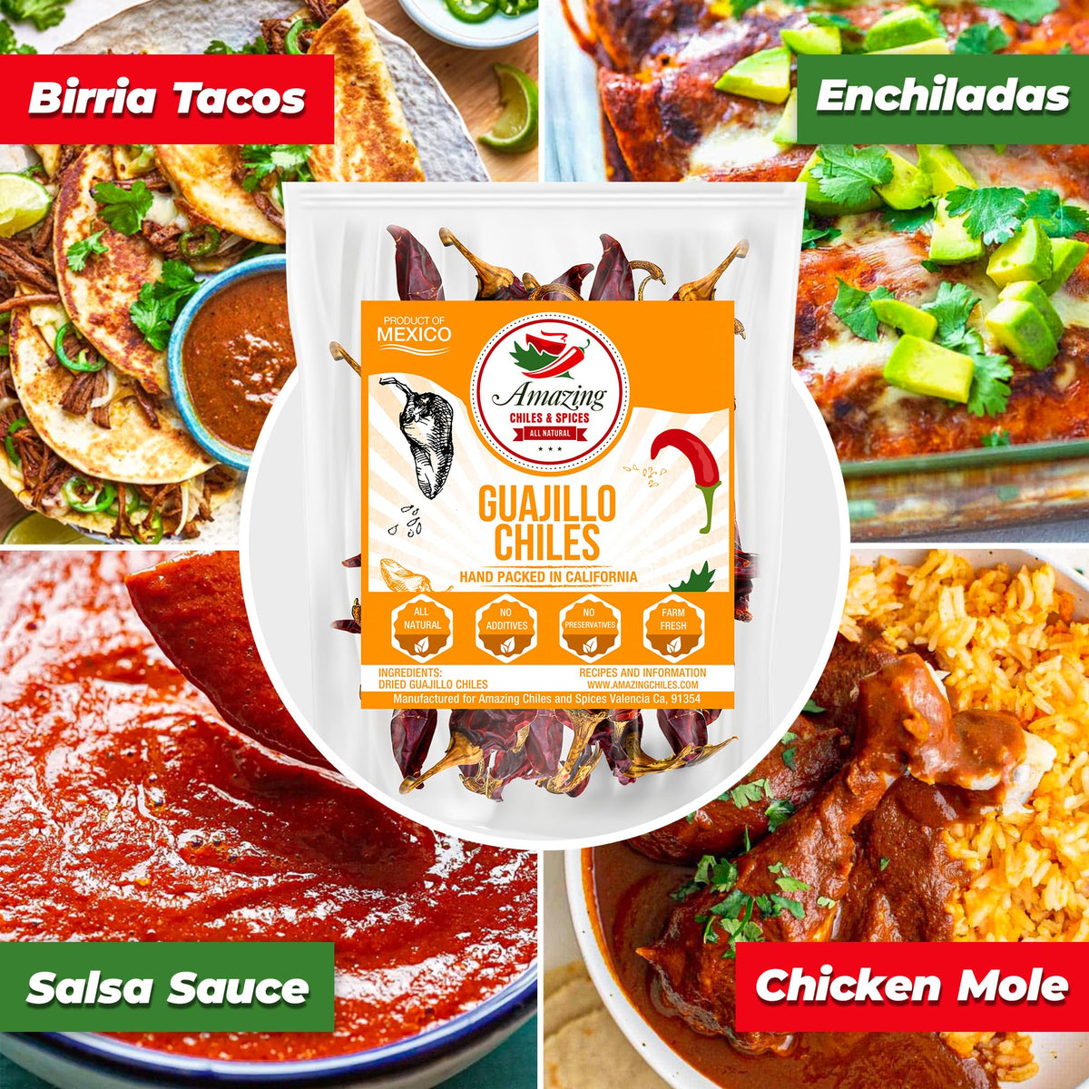 Amazing Chiles & Spices guajillo chiles close up texture, premium dried flavor for simmered sauces.
