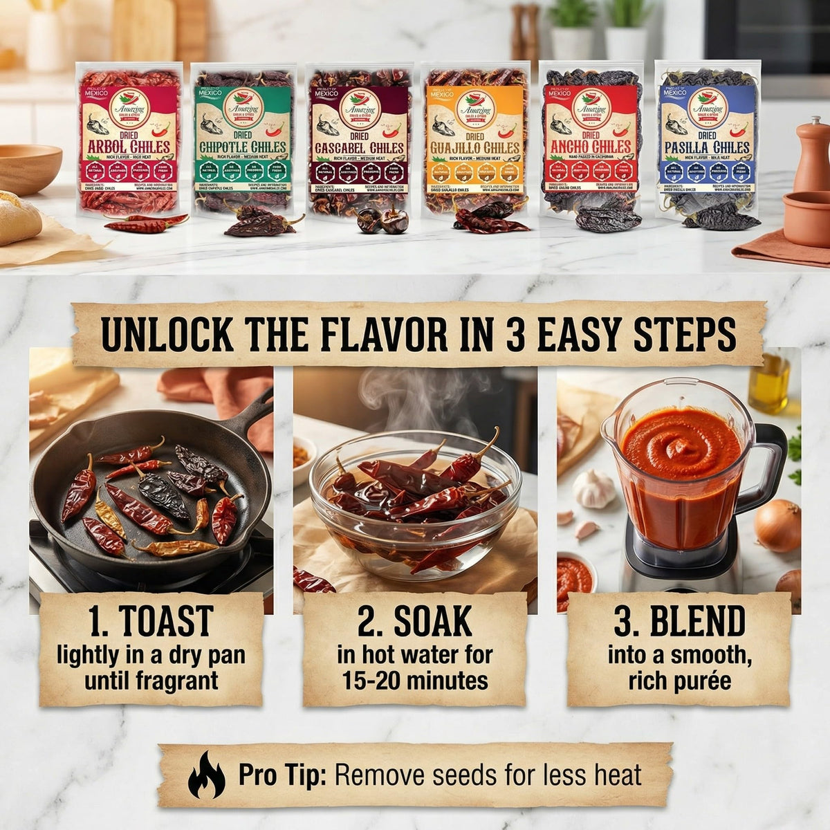 Amazing Chiles guajillo peppers add smoky, medium heat to sauces.