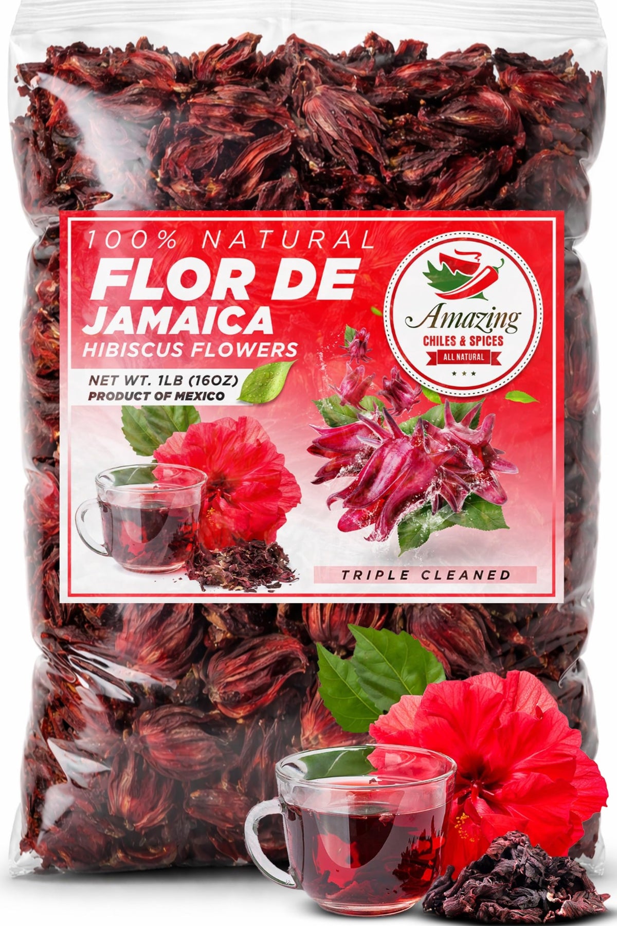 Amazing Chiles hibiscus flowers 1lb bag front view for versatile hot or iced tea.