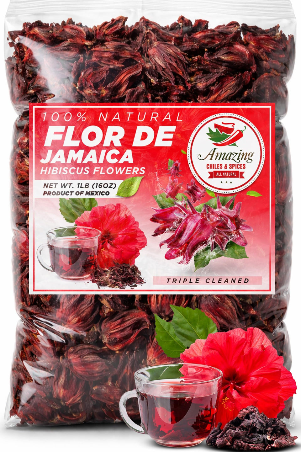 Amazing Chiles hibiscus flowers 1lb bag front view for versatile hot or iced tea.