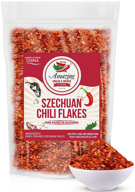 Amazing Chiles Sichuan chili flakes bottle adds authentic medium heat to many dishes.