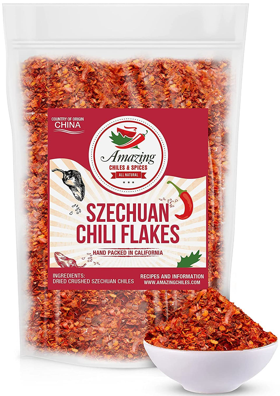 Amazing Chiles Sichuan chili flakes bottle adds authentic medium heat to many dishes.
