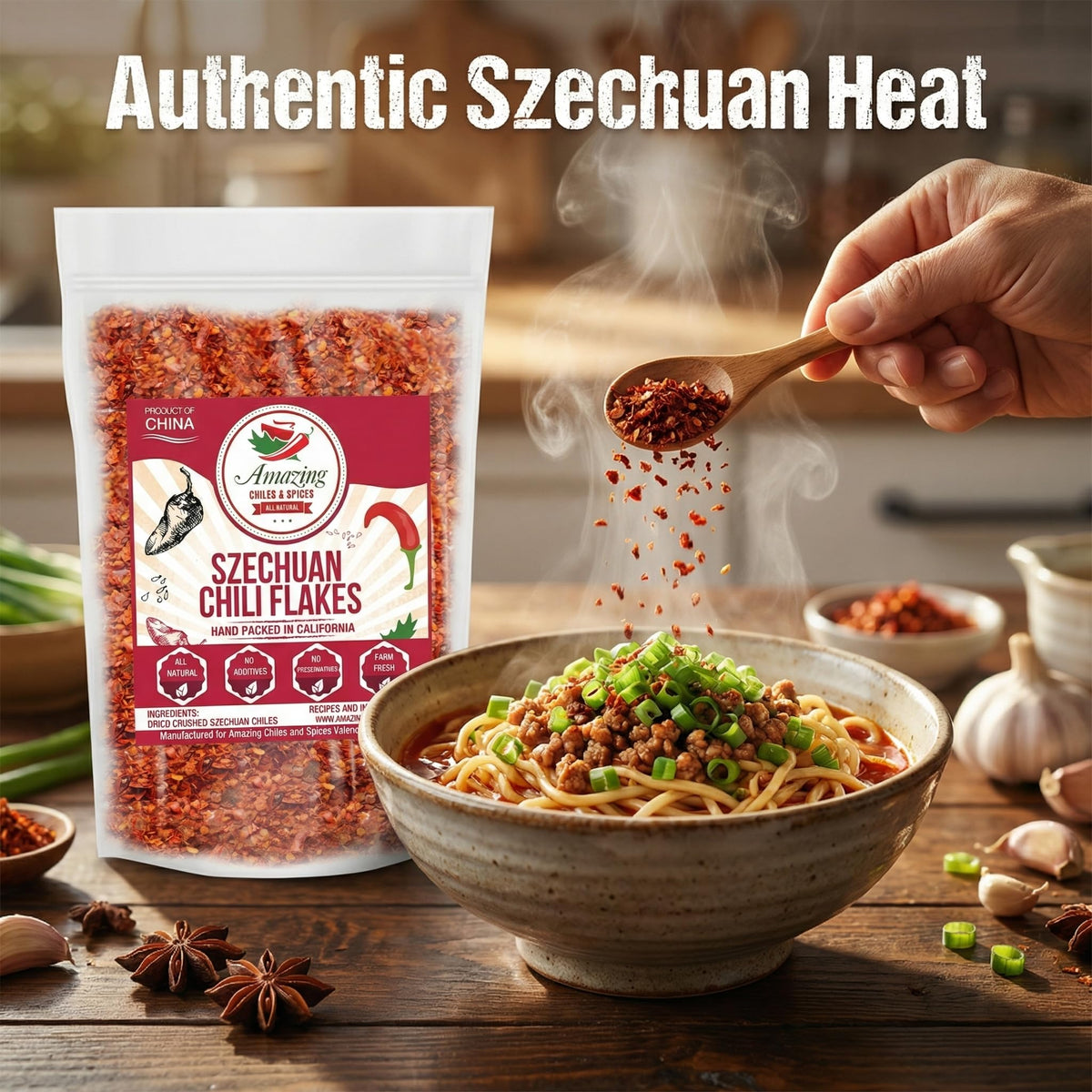 Amazing Chiles Sichuan chili flakes topping a pizza for savory flavor.