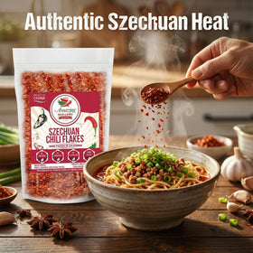 Amazing Chiles Sichuan chili flakes topping a pizza for savory flavor.