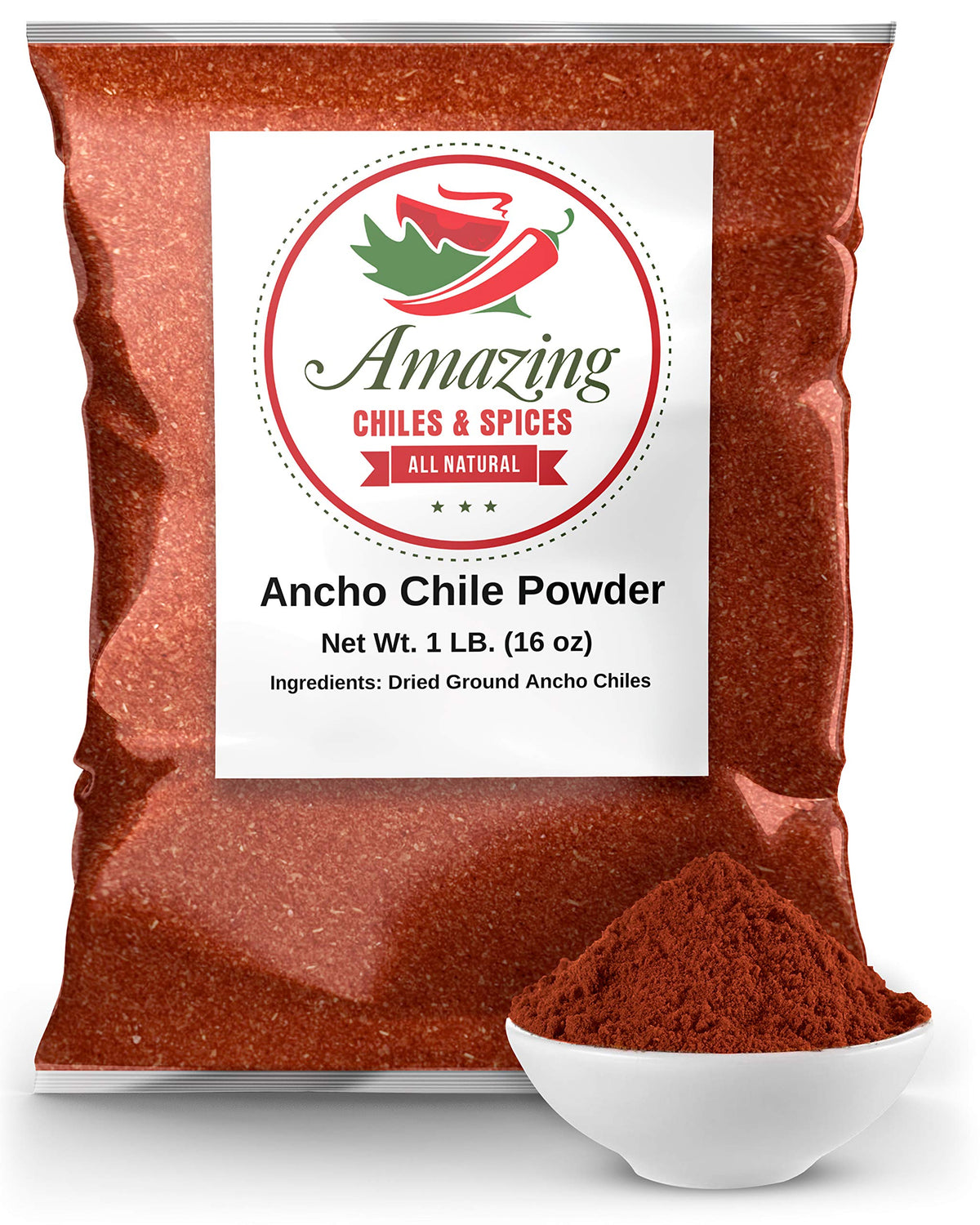 Amazing Chiles & Spices ancho powder in a 1lb jar ready for cooking.