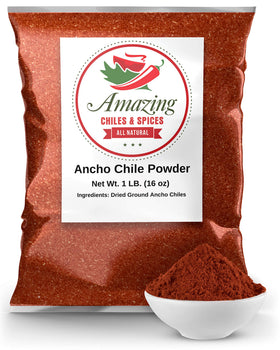 Amazing Chiles & Spices ancho powder in a 1lb jar ready for cooking.