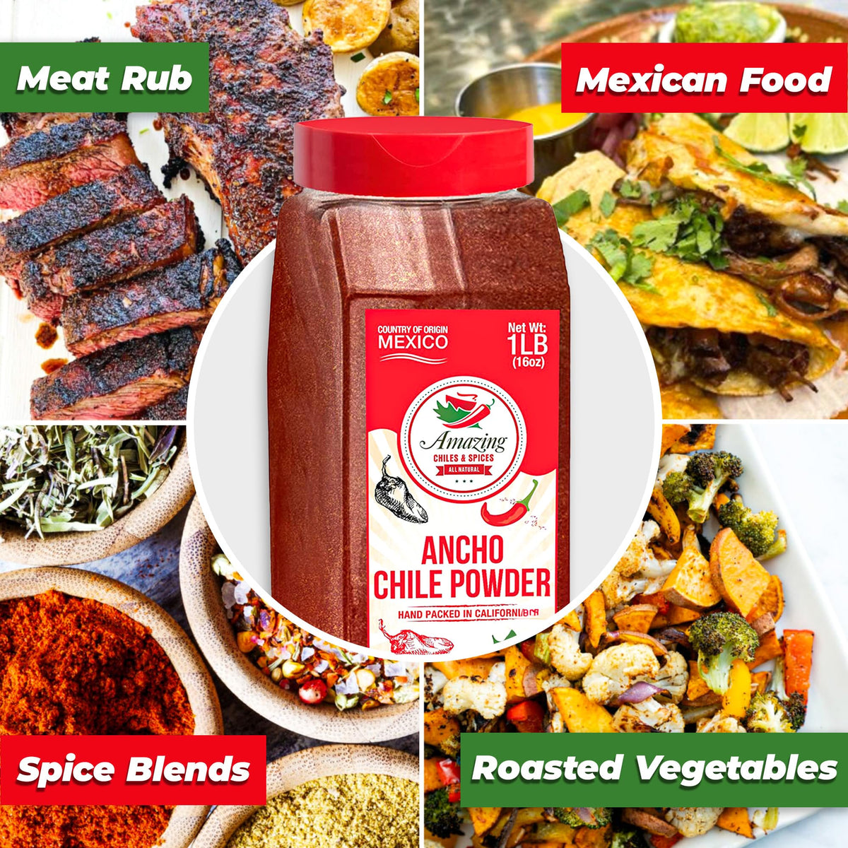 Amazing Chiles & Spices Ancho Chile Powder in a small bowl shows smoky sweetness.