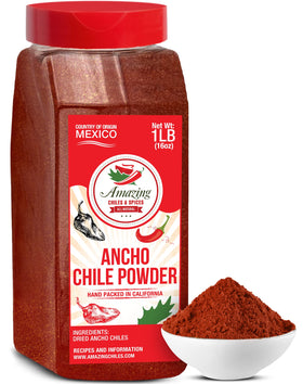 Amazing Chiles & Spices Ancho Chile Powder jar with label adds medium heat to sauces.