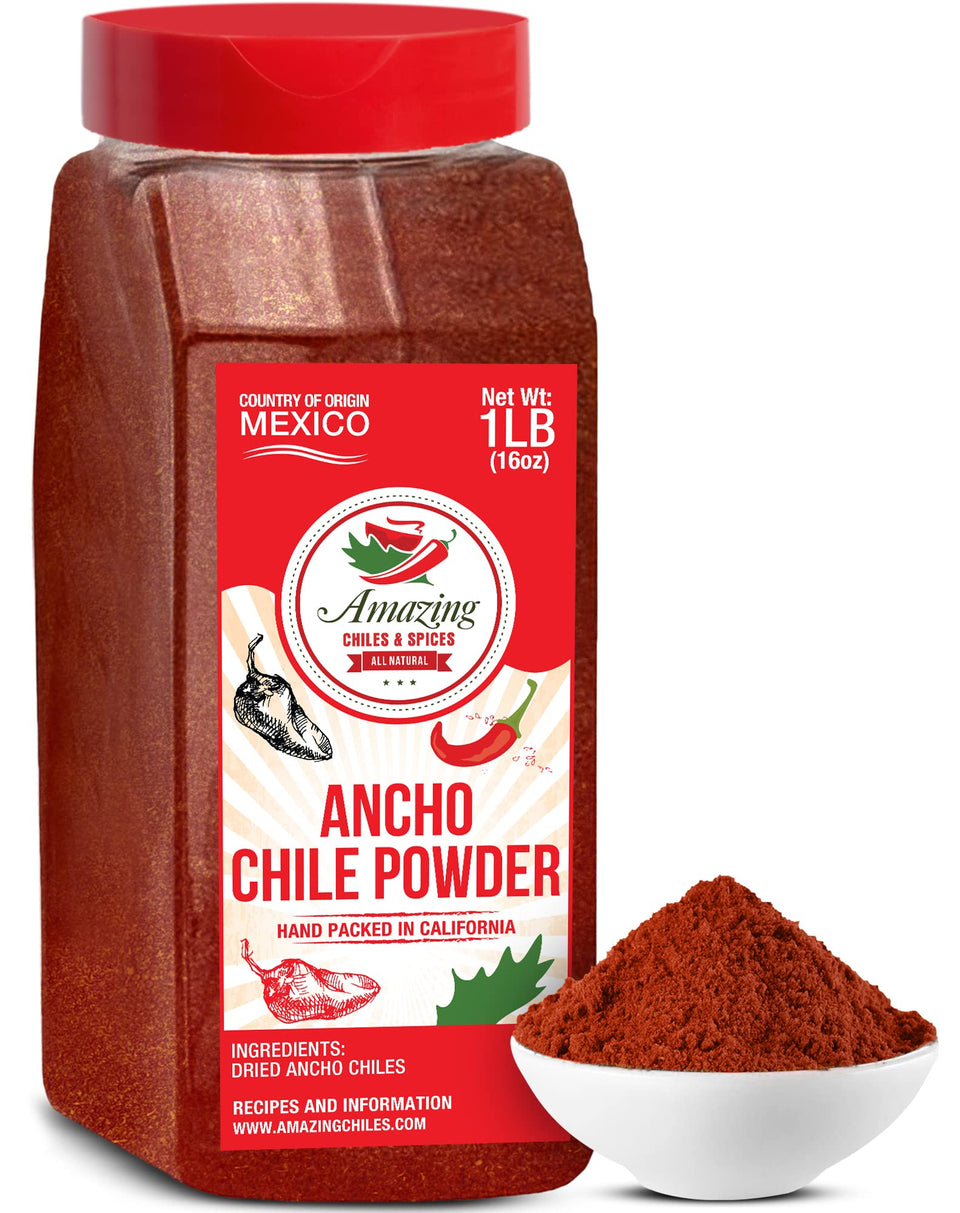 Amazing Chiles & Spices Ancho Chile Powder jar with label adds medium heat to sauces.