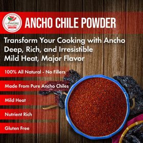 Amazing Chiles & Spices Ancho Chile Powder packaging highlights all natural ingredients.