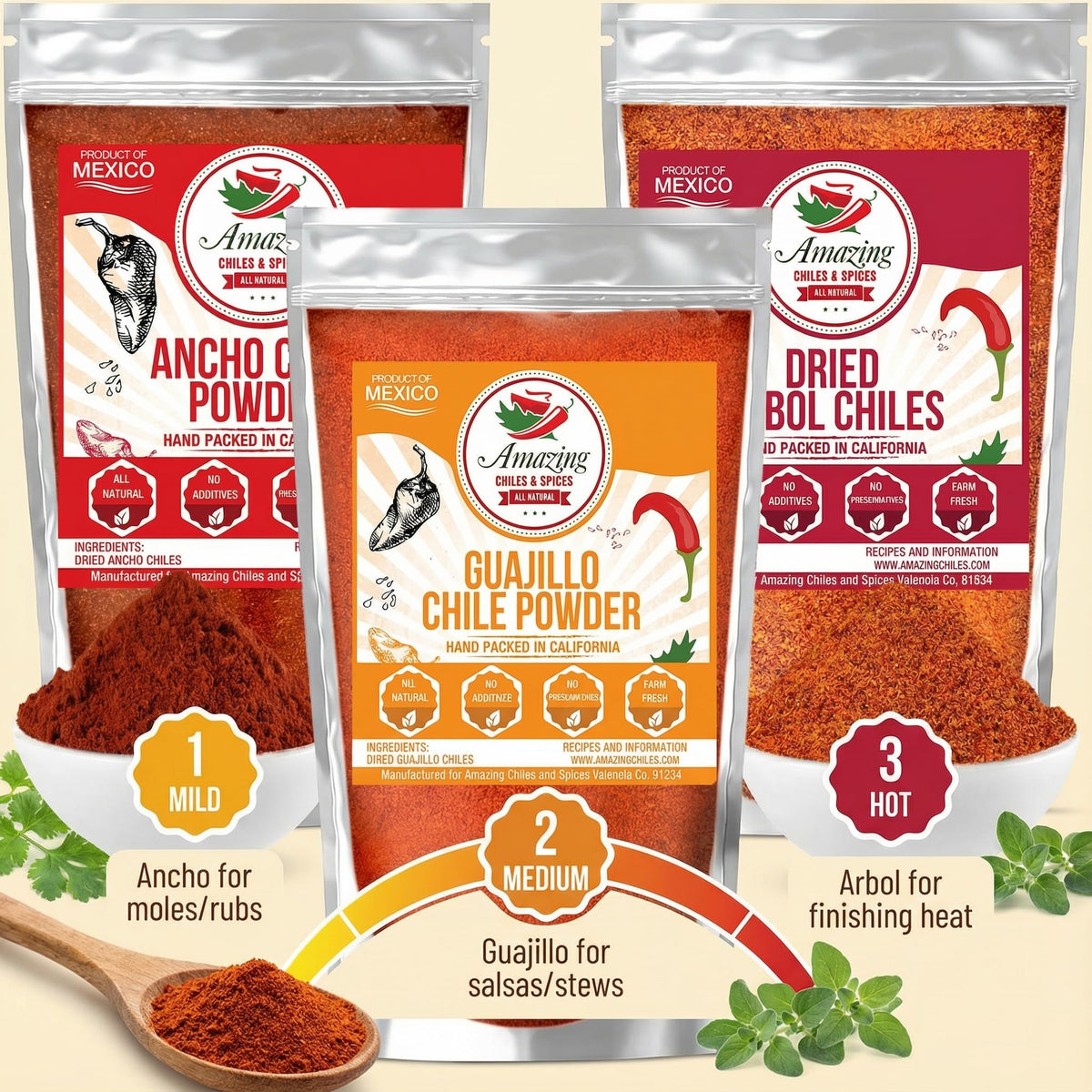 Amazing Chiles & Spices arbol chile powder jar releasing aromatic heat