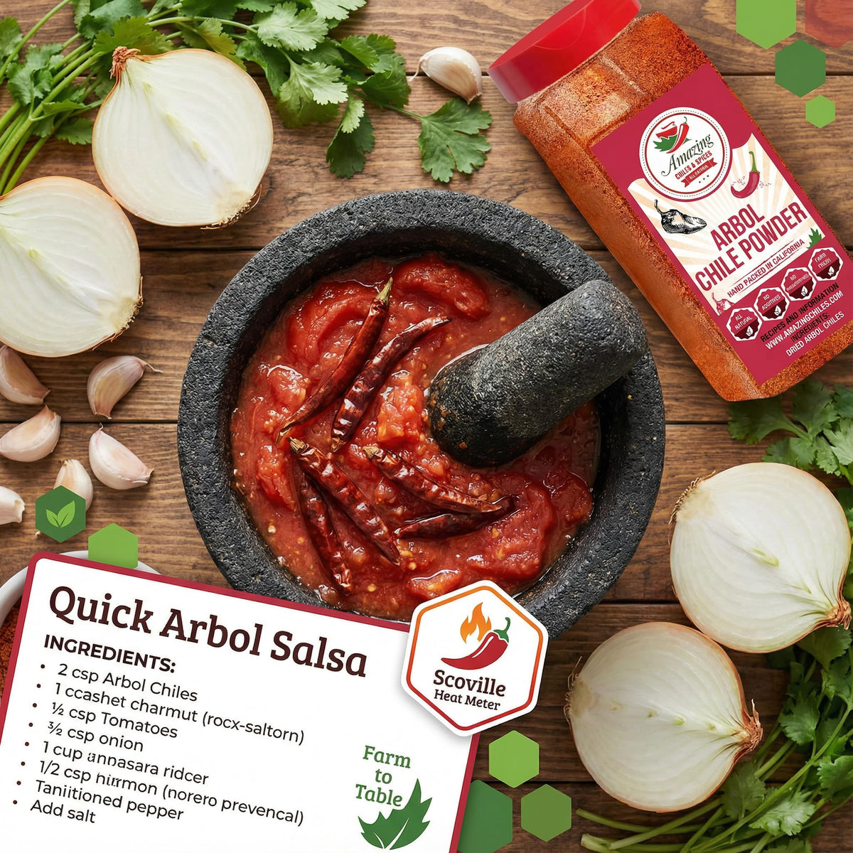 Spoonful of Chile de Arbol powder from Amazing Chiles & Spices showing smoky heat