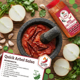 Spoonful of Chile de Arbol powder from Amazing Chiles & Spices showing smoky heat