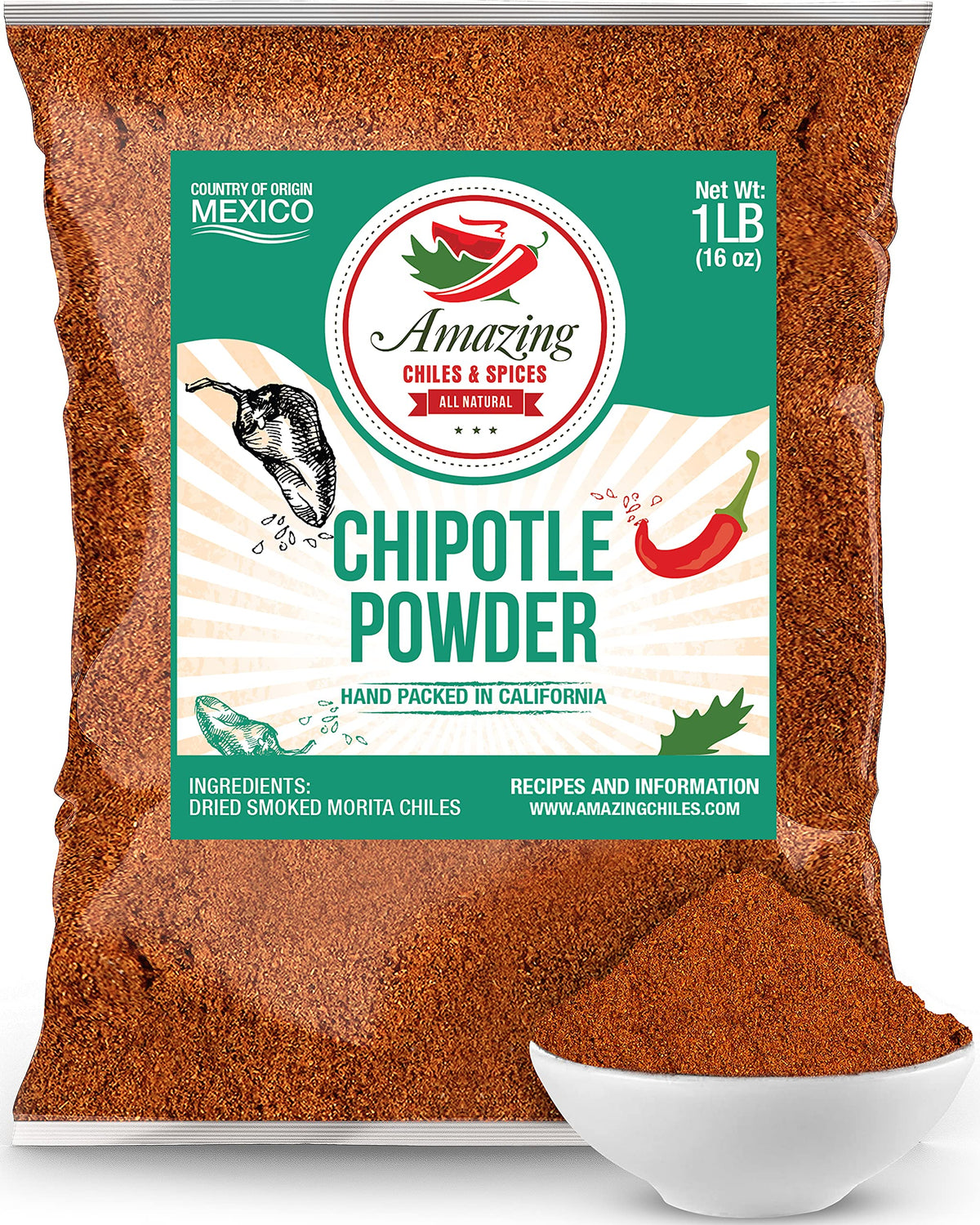 Amazing Chiles & Spices Chipotle chili powder bottle with smoky aroma for meats