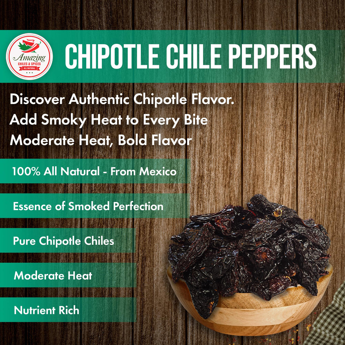 Amazing Chiles & Spices Dried Chipotle Morita close-up highlights rich color and smoky aroma.