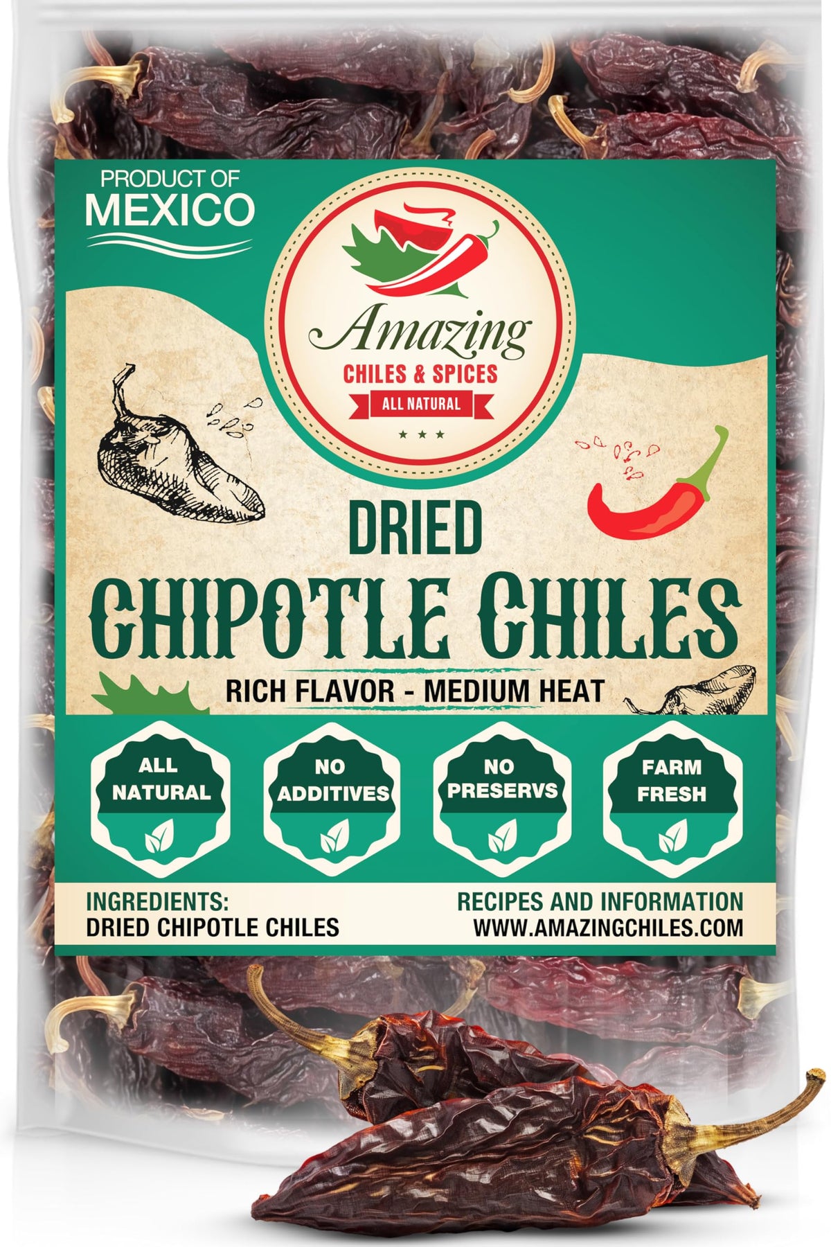 Amazing Chiles & Spices Dried Chipotle Morita whole peppers add smoky heat to dishes.