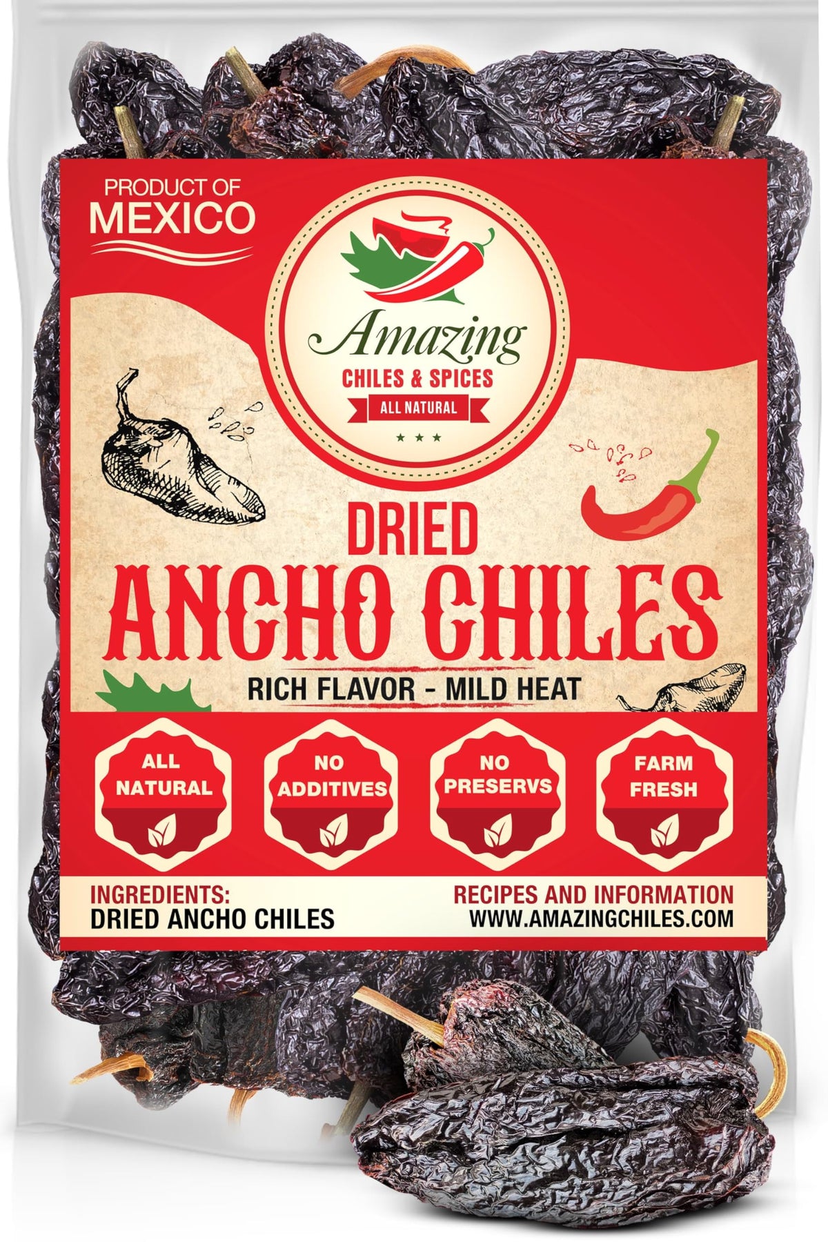Amazing Chiles & Spices dried ancho chiles bag 1lb for authentic Mexican flavor