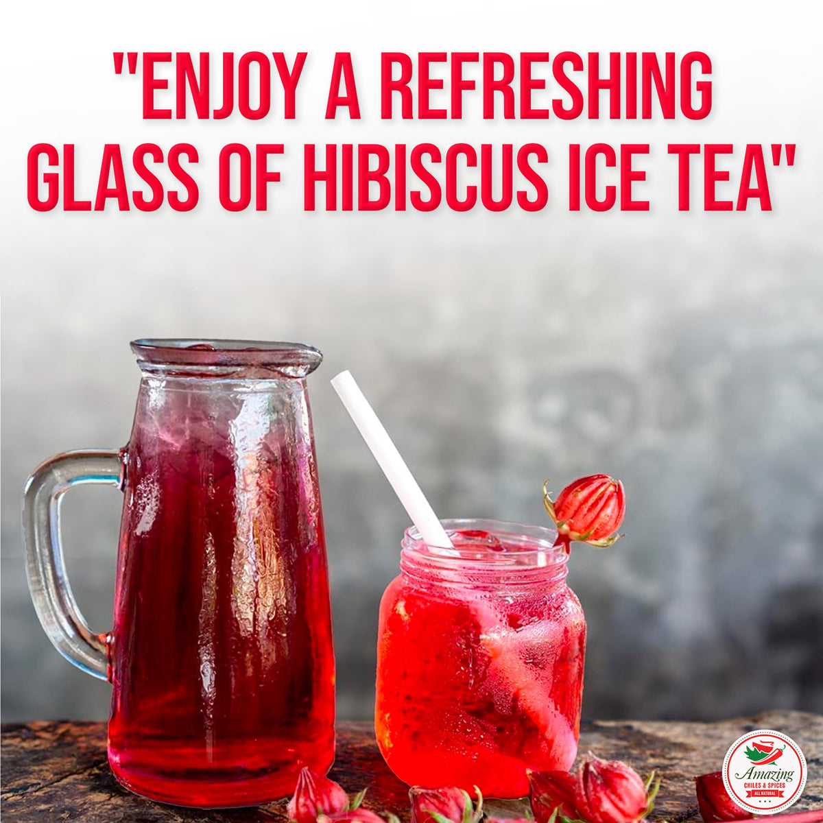 Iced hibiscus tea in a glass made with Amazing Chiles & Spices flowers.