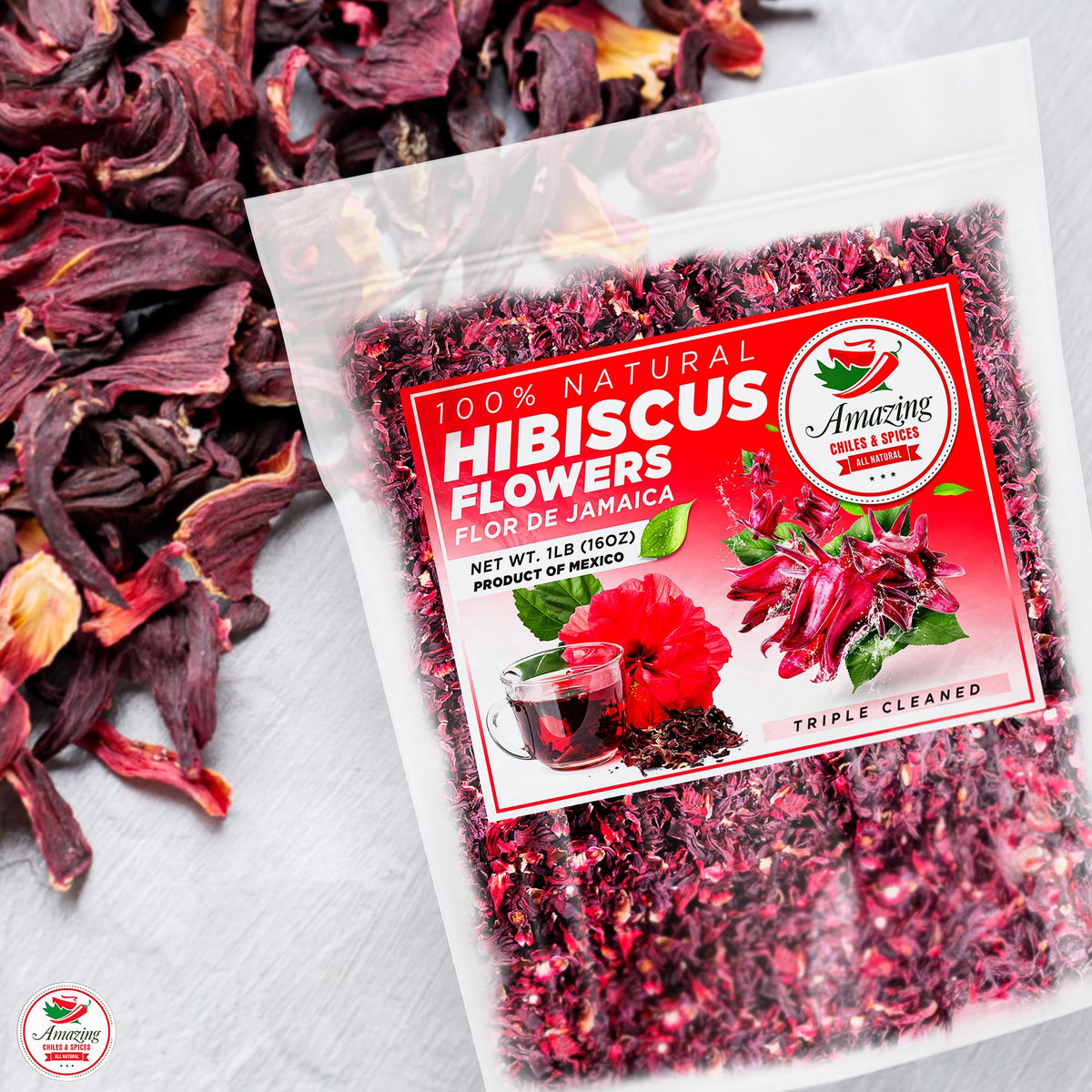 Triple-cleaned hibiscus flowers from Amazing Chiles & Spices ready to use.
