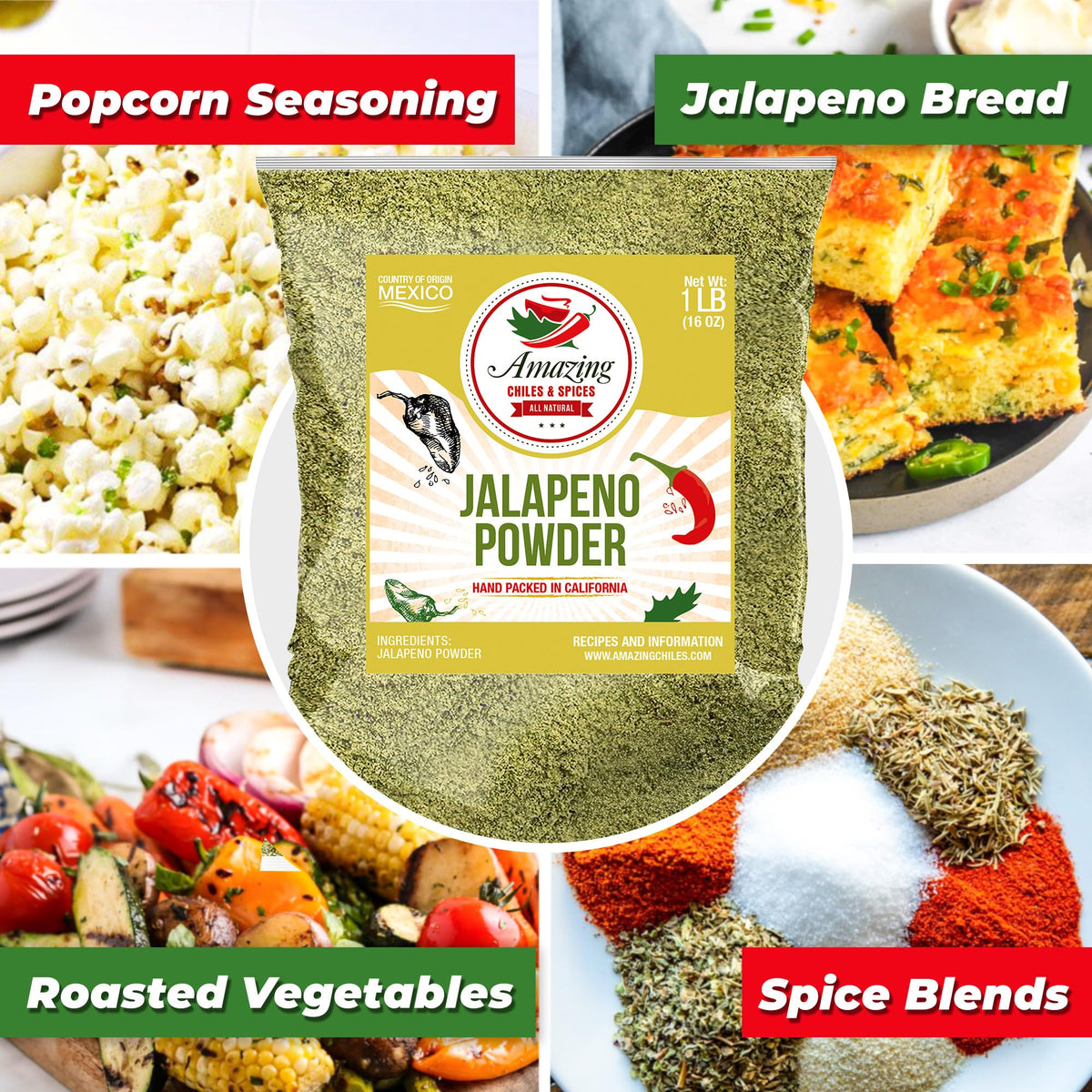 Closeup of Amazing Chiles & Spices jalapeño powder highlights fruity aroma and medium-high heat.