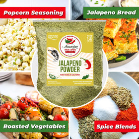 Closeup of Amazing Chiles & Spices jalapeño powder highlights fruity aroma and medium-high heat.