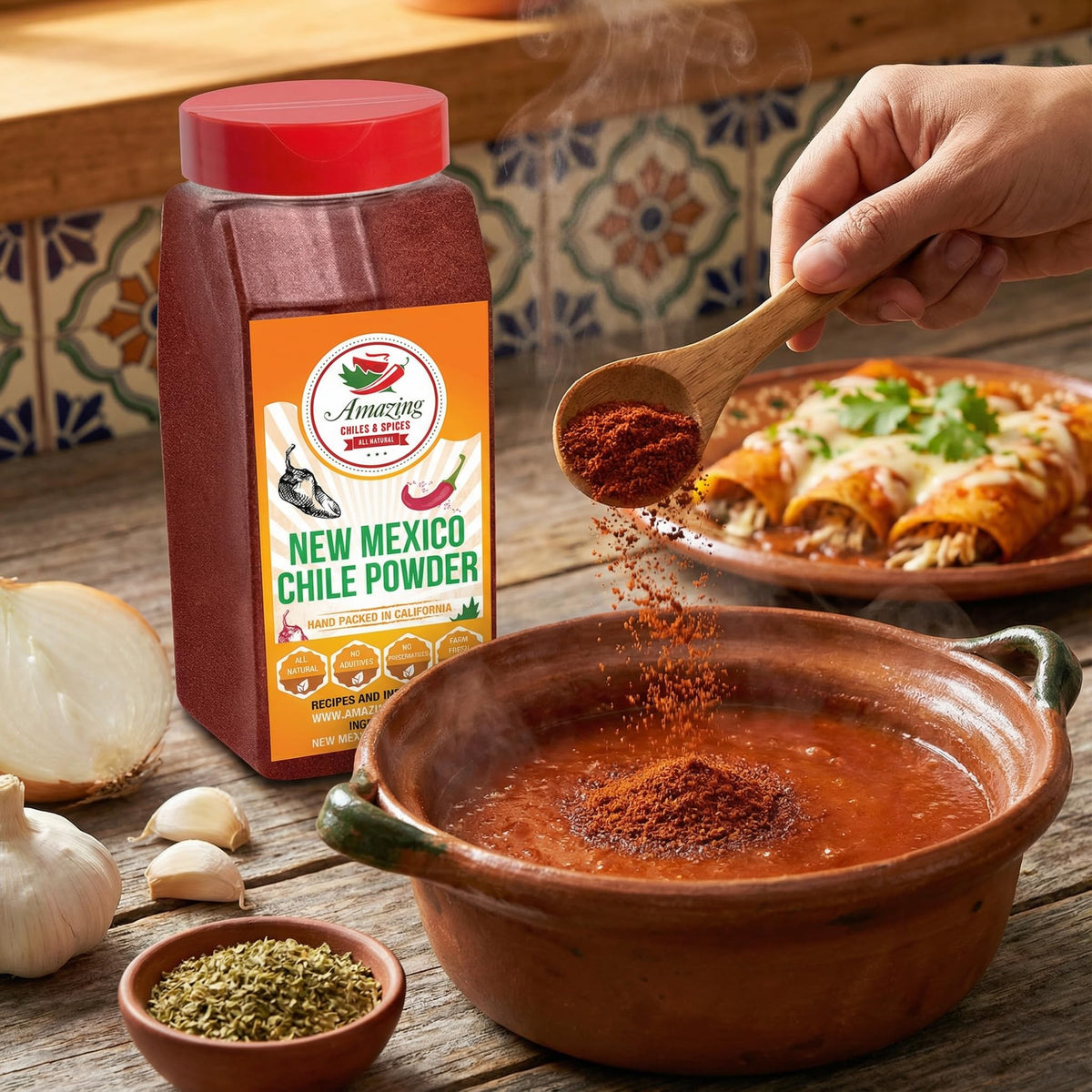 Measuring spoon with Amazing Chiles & Spices powder for controlled seasoning.