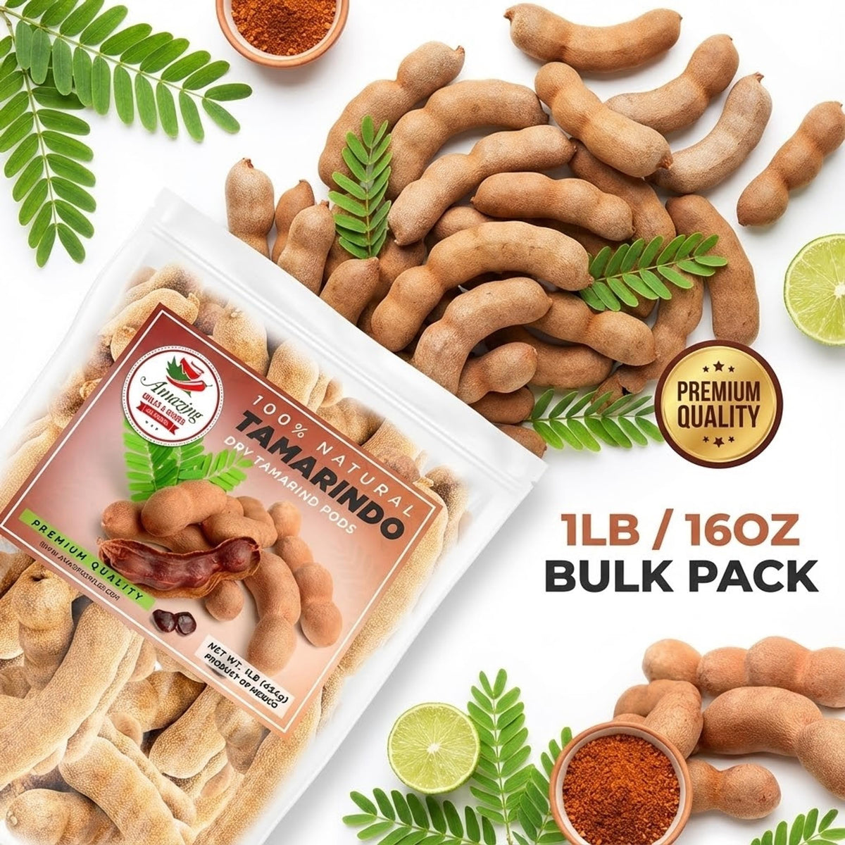 Amazing Chiles & Spices tamarind pods in resealable bag preserve freshness for snacking and cooking.