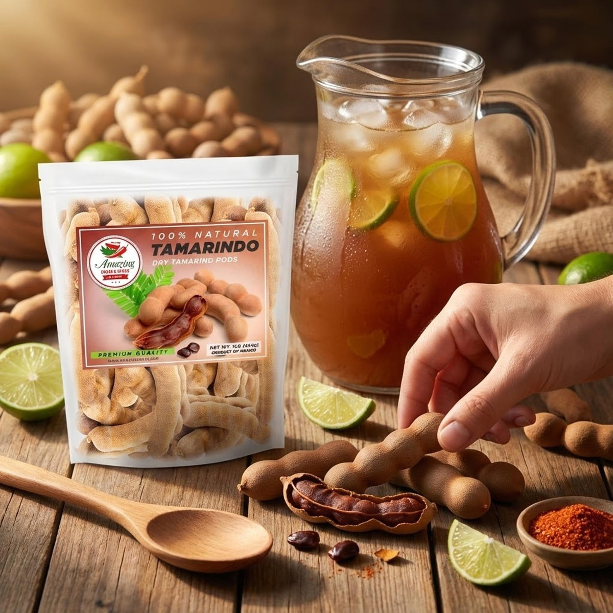 Amazing Chiles & Spices tamarind pulp close-up highlighting textured fruit ideal for curries and chutneys.