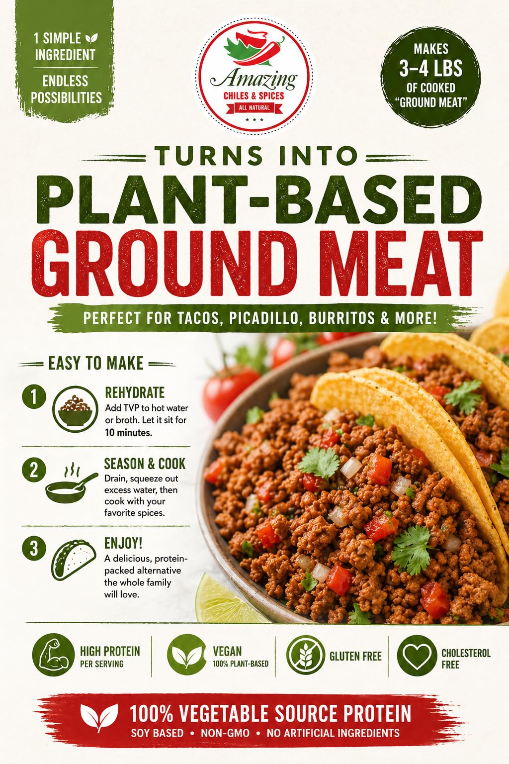 Amazing Chiles and Spices TVP crumbles bowl shows soft rehydrated texture