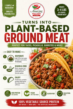 Amazing Chiles and Spices TVP crumbles bowl shows soft rehydrated texture
