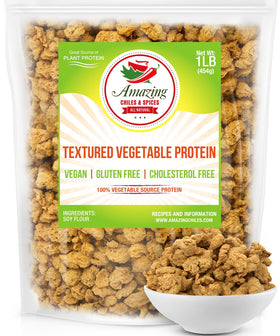 Amazing Chiles TVP crumbs in a 1 lb bag for quick plant-based meals.