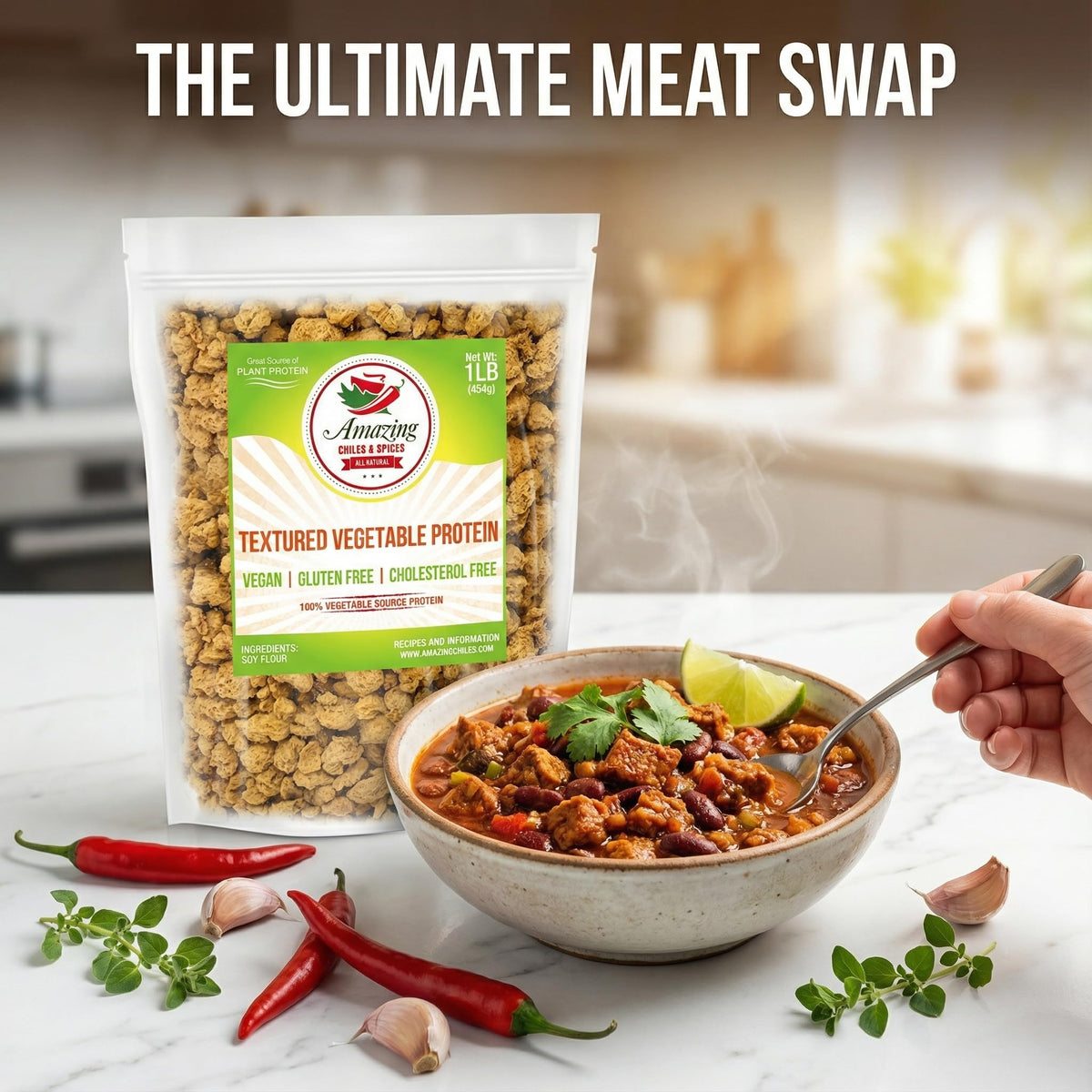 Amazing Chiles gluten-free non-GMO TVP offers clean vegan protein.
