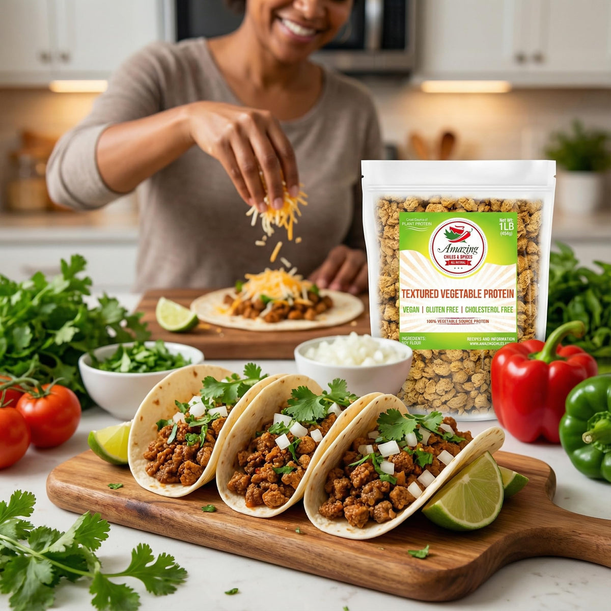Amazing Chiles TVP rehydrate quickly and absorb flavors for sauces and bowls.