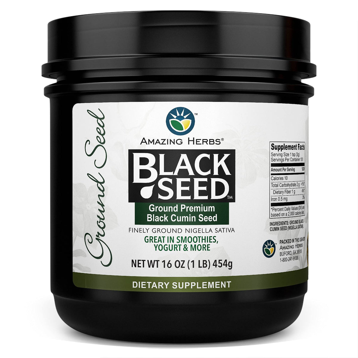 Amazing Herbs premium ground black cumin seeds in a glass jar for flavor enhancement and easy sprinkling.