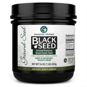 Amazing Herbs premium ground black cumin seeds in a glass jar for flavor enhancement and easy sprinkling.