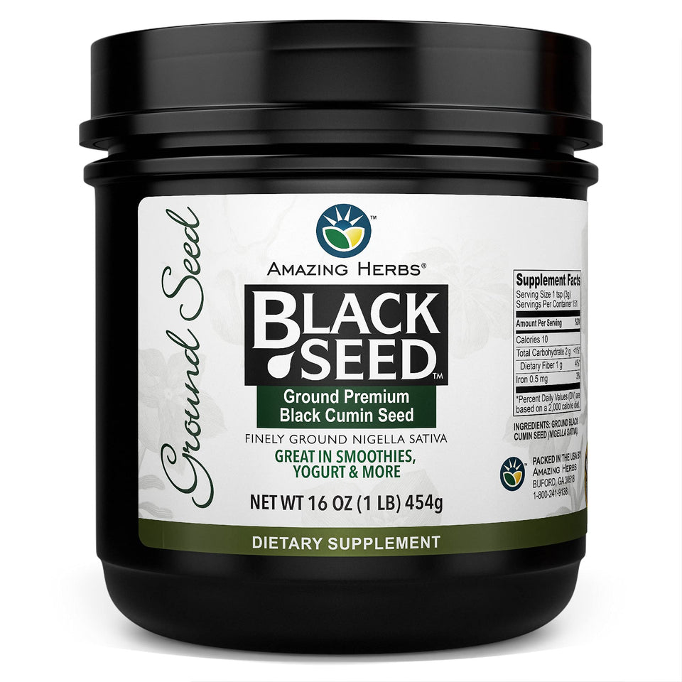 Amazing Herbs premium ground black cumin seeds in a glass jar for flavor enhancement and easy sprinkling.
