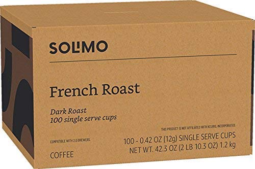 Solimo dark roast pods displayed beside a measuring cup for easy portions.